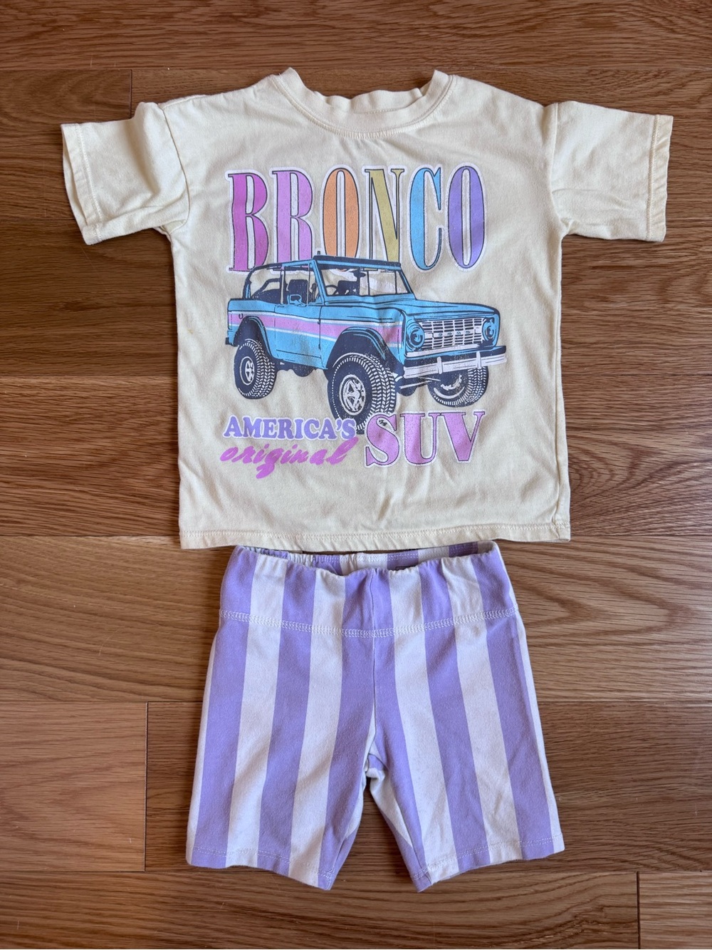 Ford Cream Bronco Graphic Tee with Purple Striped Shorts